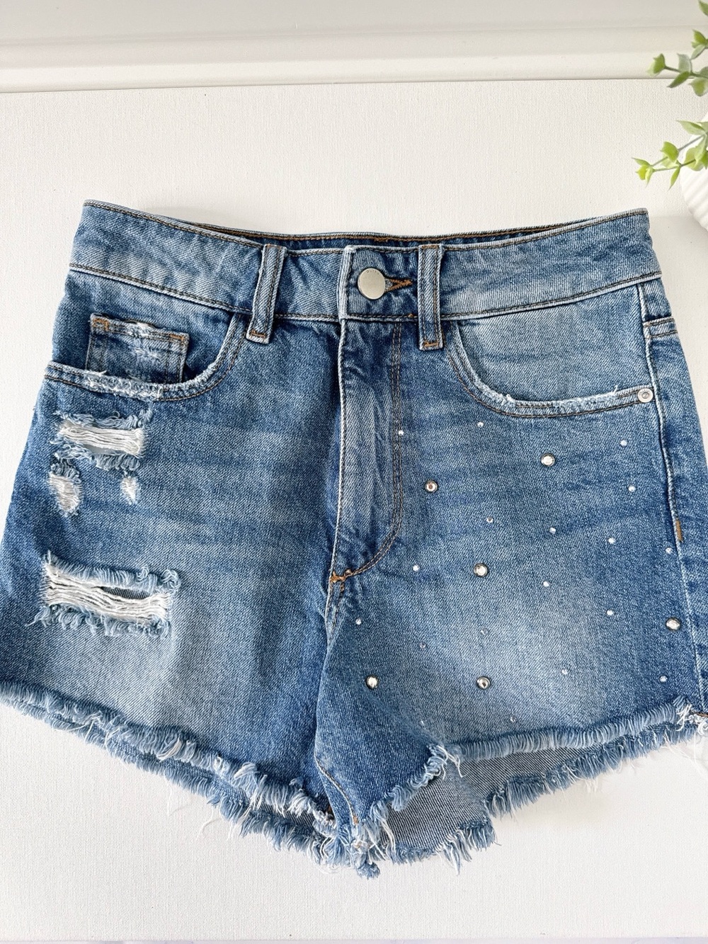 DL1961 Blue Distressed Denim Shorts with Stud Accents